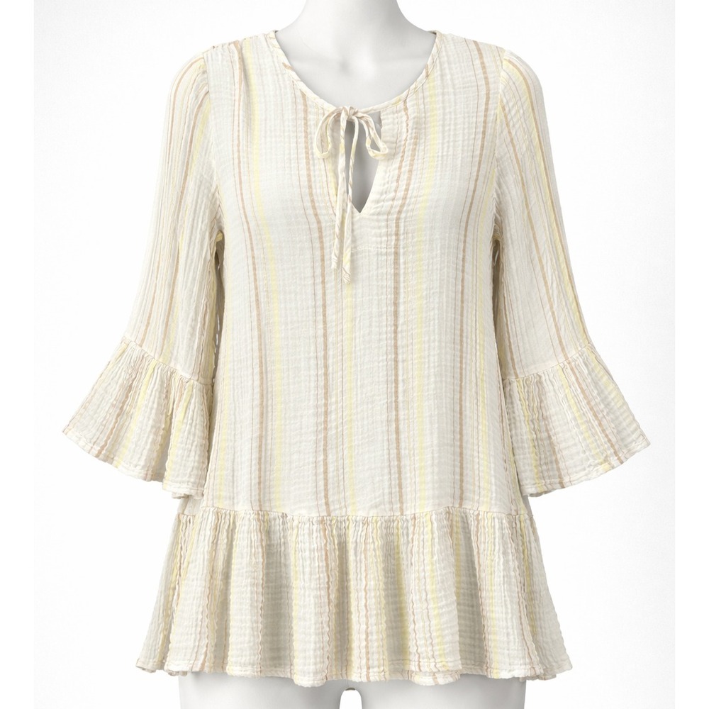 Eberjey Tunic Top Womens Small‎ White Stripe Ruffle Hem Bell Sleeve Boho Summer